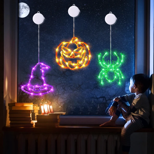 Alt view image 6 of 7 - Battery Powered Halloween Window Lights Decorations 3 Pack | Orange Pumpkin Purple Hats Green Spider with Suction Cup and Timer Functions for Indoor Hanging Ornaments Party Decor