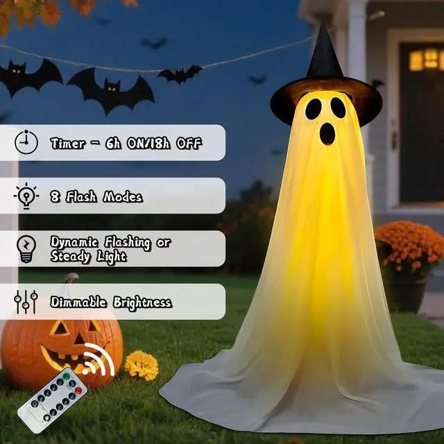 Alt view image 3 of 7 - _Mega Brand Halloween Decorations Outdoor & Indoor Decor - 2 Pack 59-inch Remote Control Spooky Ghost String Lights with Witch Hats, Halloween Lights for Porch, Yards, Patio, Garden Lawn, Party