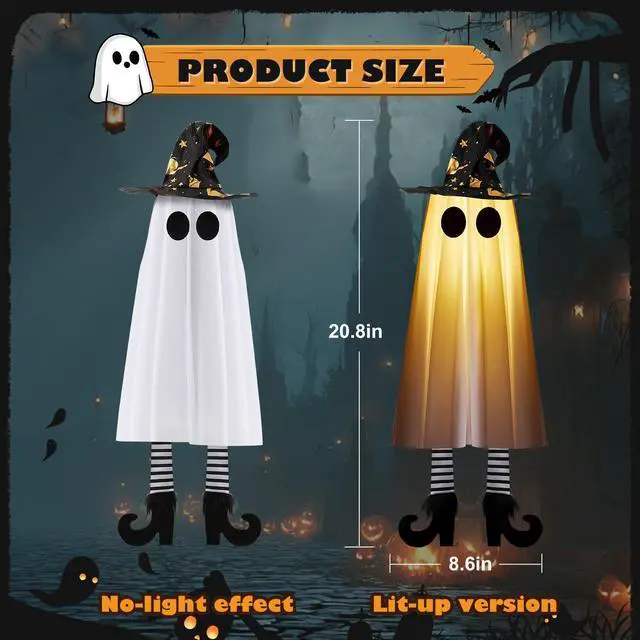 Alt view image 2 of 7 - _Mega Brand Halloween Decorations Outdoor Indoor, 4pcs Hanging Ghost Decor with Light, Spooky Swinging Witch Hat Ghosts for Halloween Decor, Perfect for Yard, Patio, Garden, Tree