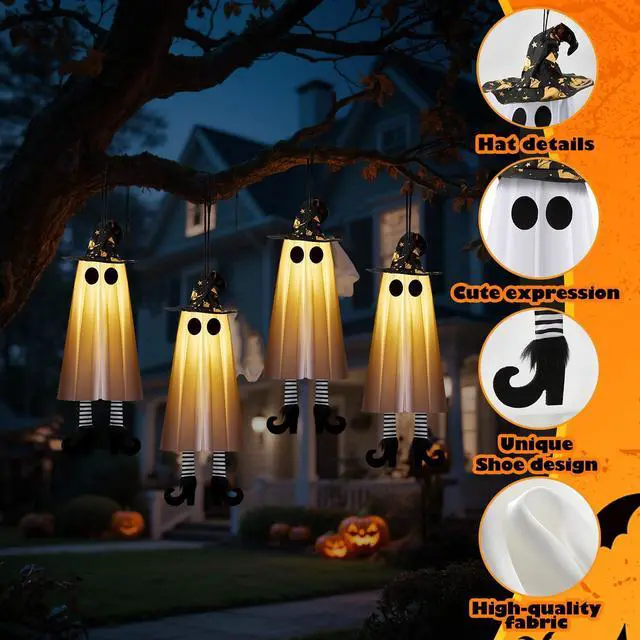 Alt view image 3 of 7 - _Mega Brand Halloween Decorations Outdoor Indoor, 4pcs Hanging Ghost Decor with Light, Spooky Swinging Witch Hat Ghosts for Halloween Decor, Perfect for Yard, Patio, Garden, Tree
