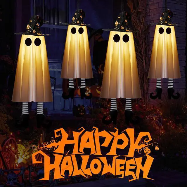 Alt view image 5 of 7 - _Mega Brand Halloween Decorations Outdoor Indoor, 4pcs Hanging Ghost Decor with Light, Spooky Swinging Witch Hat Ghosts for Halloween Decor, Perfect for Yard, Patio, Garden, Tree