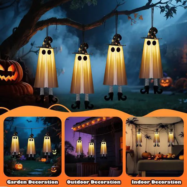 Alt view image 6 of 7 - _Mega Brand Halloween Decorations Outdoor Indoor, 4pcs Hanging Ghost Decor with Light, Spooky Swinging Witch Hat Ghosts for Halloween Decor, Perfect for Yard, Patio, Garden, Tree