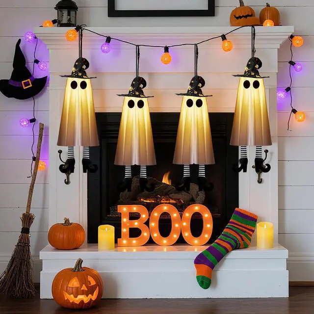 Alt view image 7 of 7 - _Mega Brand Halloween Decorations Outdoor Indoor, 4pcs Hanging Ghost Decor with Light, Spooky Swinging Witch Hat Ghosts for Halloween Decor, Perfect for Yard, Patio, Garden, Tree
