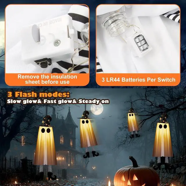 Alt view image 4 of 7 - _Mega Brand Halloween Decorations Outdoor Indoor, 4pcs Hanging Ghost Decor with Light, Spooky Swinging Witch Hat Ghosts for Halloween Decor, Perfect for Yard, Patio, Garden, Tree