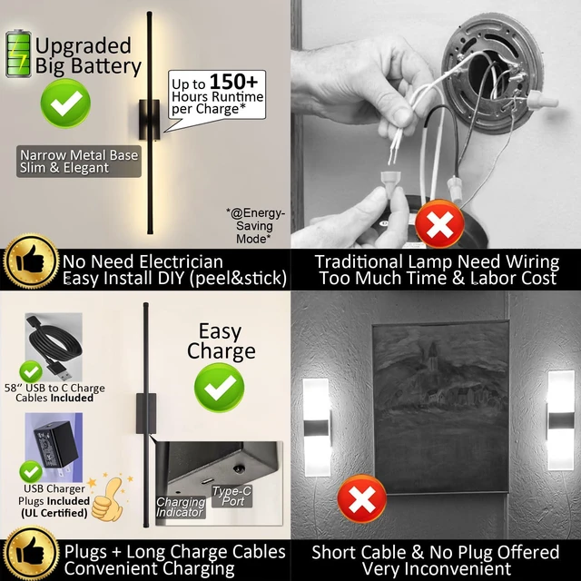 Alt view image 3 of 7 - Peel and Stick on Battery Operated Wall Sconces Set of 2 Easy Install No Drilling Sconces, Wireless Rechargeable Adhesive Wall Lights for Pictures, Living Room, Bedroom (28.3'')