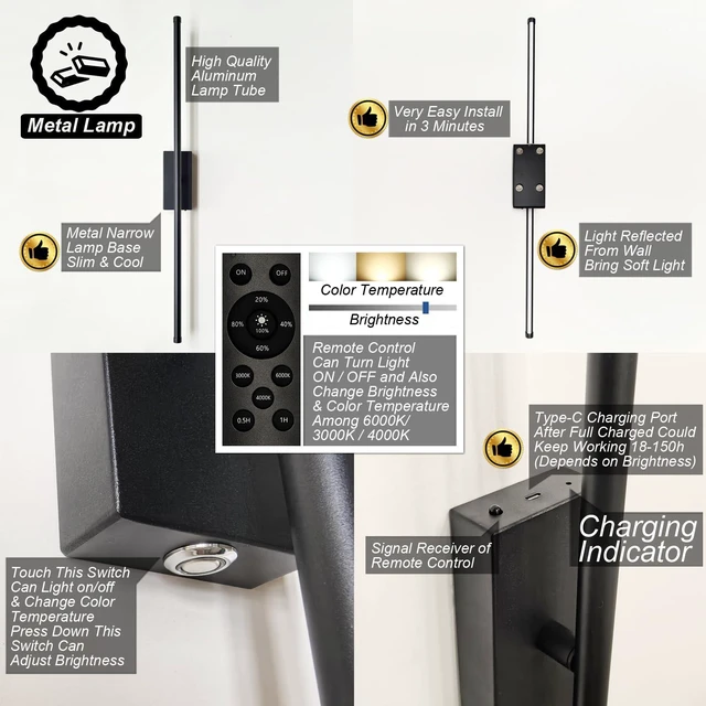 Alt view image 5 of 7 - Peel and Stick on Battery Operated Wall Sconces Set of 2 Easy Install No Drilling Sconces, Wireless Rechargeable Adhesive Wall Lights for Pictures, Living Room, Bedroom (28.3'')