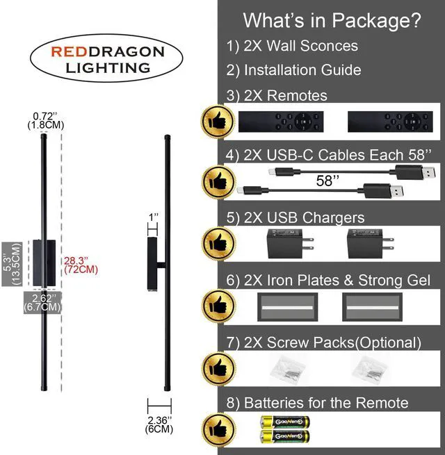 Alt view image 6 of 7 - Peel and Stick on Battery Operated Wall Sconces Set of 2 Easy Install No Drilling Sconces, Wireless Rechargeable Adhesive Wall Lights for Pictures, Living Room, Bedroom (28.3'')