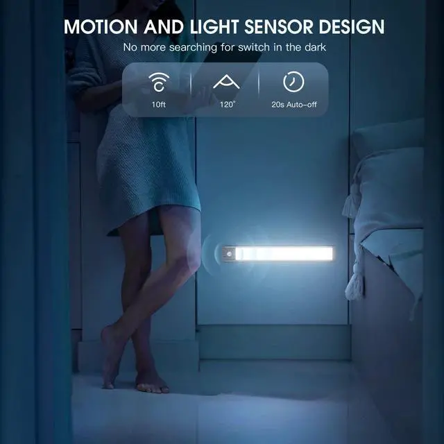 Alt view image 4 of 7 - _Mega Brand 10inch Under Cabinet Lighting, 2 Pack Rechargeable Motion Sensor Light Indoor, 5 Levels Dimmable Magnetic Closet Lights, Wireless Under Counter Lights for Kitchen, Stairs