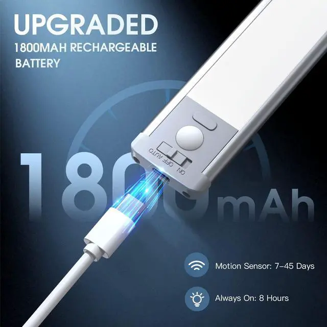 Alt view image 5 of 7 - _Mega Brand 10inch Under Cabinet Lighting, 2 Pack Rechargeable Motion Sensor Light Indoor, 5 Levels Dimmable Magnetic Closet Lights, Wireless Under Counter Lights for Kitchen, Stairs