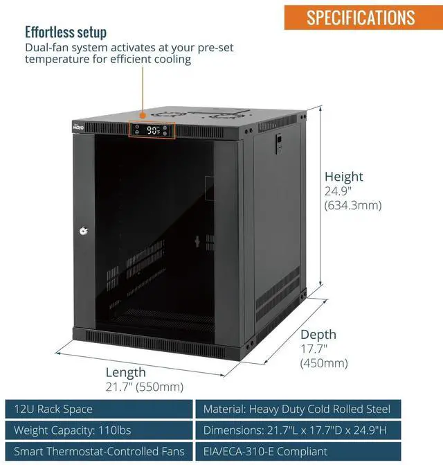 Alt view image 2 of 6 - 12U Wall Mount Rack with Thermostat, 17.7inch Depth Enclosed Server Cabinet with 2 Cooling Fans,Lockable Door & Hardware,12U Rack for 19inch Equipments,Glass Door