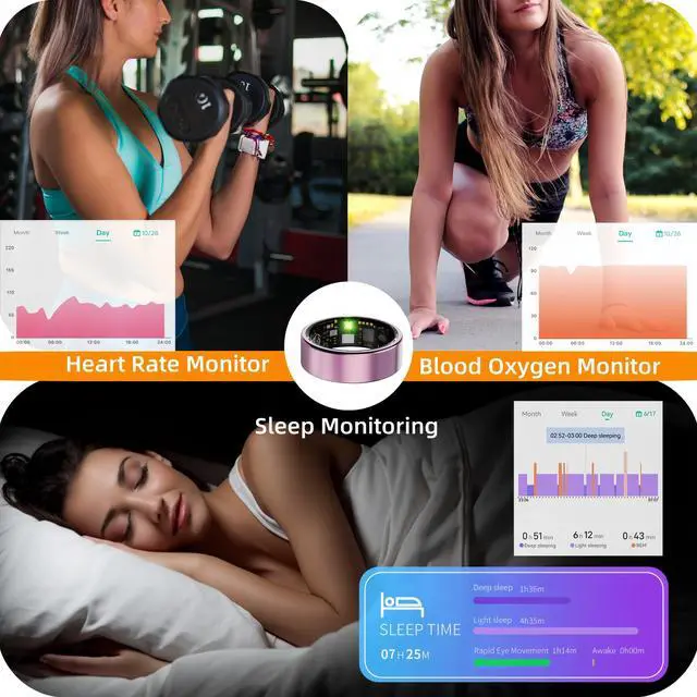 Alt view image 3 of 7 - Smart Ring for Women Men, Health Tracker with Heart Rate/Blood Oxygen/Blood Pressure/Sleep Monitoring/Step Counting, IP68 Waterproof Fitness Ring, No App Fees for iPhone & Android (Silver, 7#)