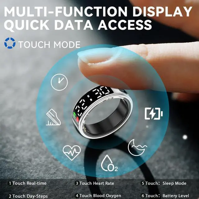 Alt view image 2 of 7 - _Mega Brand Smart Rings for Men Women,Fitness Tracker Ring,Smart Ring whth Display and Touch Button,IP68waterproof,Health Ring Tracks Heart Rate/Sleep/Blood Oxygen/Calorie/Distance,No Subscription