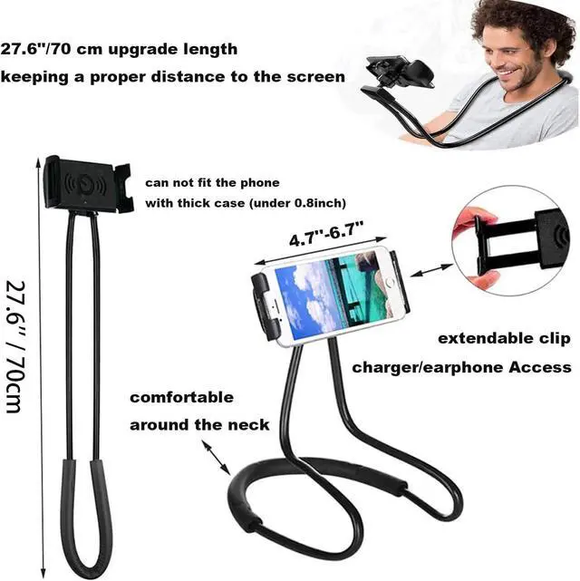 Alt view image 2 of 7 - _Mega Brand Cell Phone Stand Hanging on Neck Upgraded, Hands-Free Mobile Phone Holder Clip on Bed/Table 360° Rotation iPhone Tablet Mount Bracket, 27.6''/70 cm Length for 4.7''-6.7'' Screen