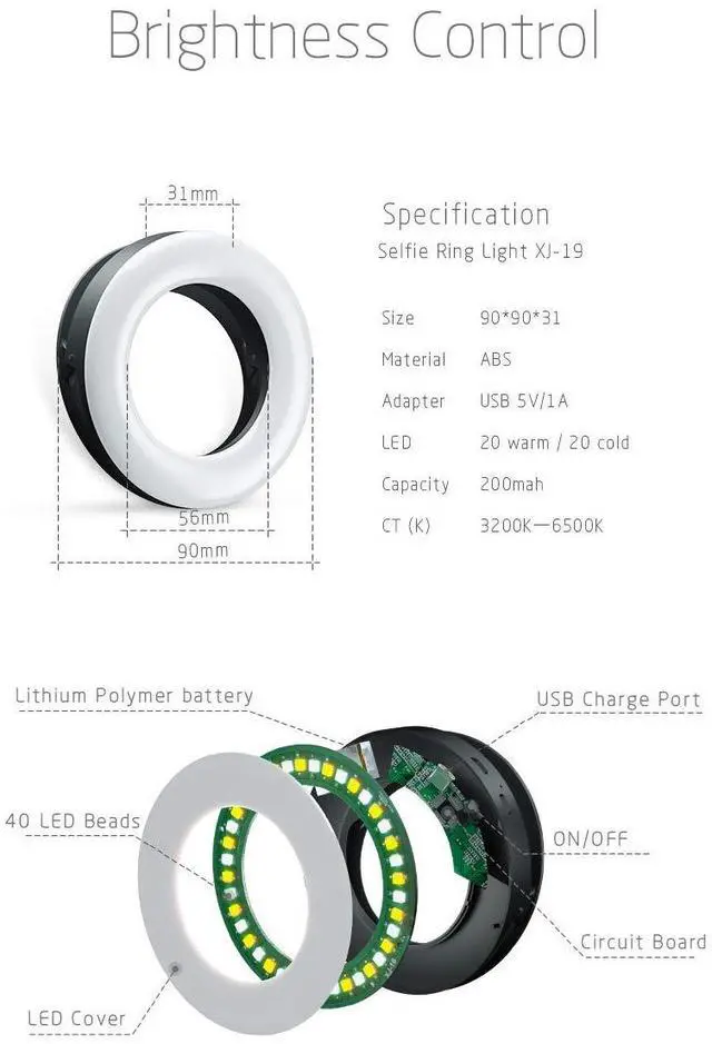 Alt view image 3 of 6 - Selfie Ring Light Rechargeable Portable Clip-on Selfie Fill Light with 40 LED for Smart Phone Photography, Camera Video, Girl