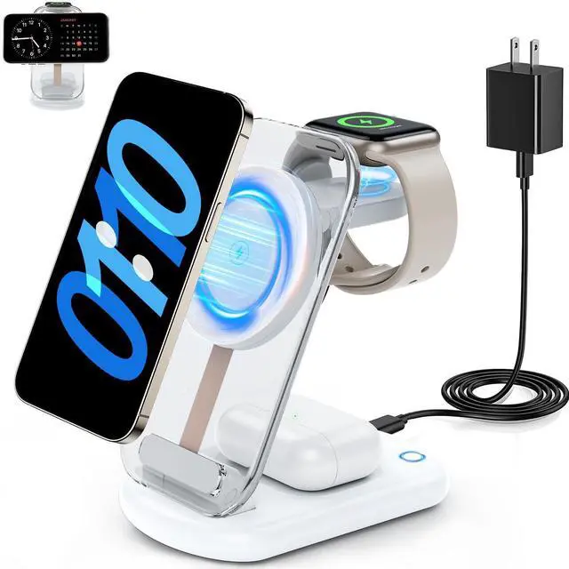 Main image of 2025 Traveling Wireless Mag-Safe Fast Charging Station,Magnetic 3 in 1 Charger with Light for iPhone 17 16 15 14 13 12 Pro Max Plus,Apple Watch& Air pods 4 3 2 Pro-Gifts for Wife & Husband(White)