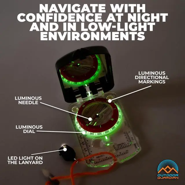Alt view image 3 of 7 - _Mega Brand  Pathfinder Sighting Compass - Precise Navigation, Hiking and Orienteering Mirror Compass with Luminous Bezel, Adjustable Declination, Clinometer, LED and Survival Whistle, Scout Gifts
