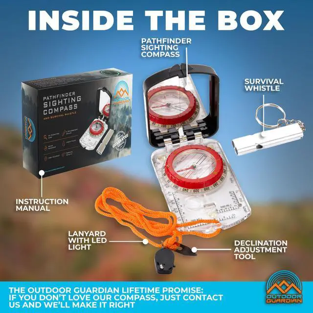 Alt view image 5 of 7 - _Mega Brand  Pathfinder Sighting Compass - Precise Navigation, Hiking and Orienteering Mirror Compass with Luminous Bezel, Adjustable Declination, Clinometer, LED and Survival Whistle, Scout Gifts