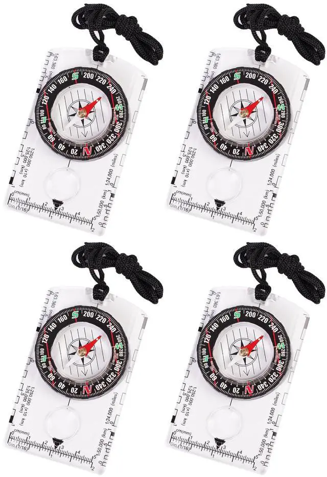 Main image of _Mega Brand 4 Pcs Outdoor Compass with Adjustable Declination,Magnifier,Ruler,Scale. Multifunctional Orienteering Waterproof Compass for Map Reading, Navigation, Hiking (4 Pack Transparent)