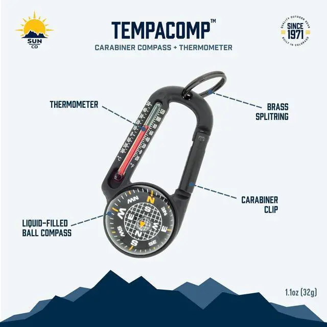Alt view image 7 of 7 - _Mega Brand TempaComp - Ball Compass and Thermometer Carabiner | Hiking, Backpacking, and Camping Accessory | Clip On to Pack, Parka, or Jacket