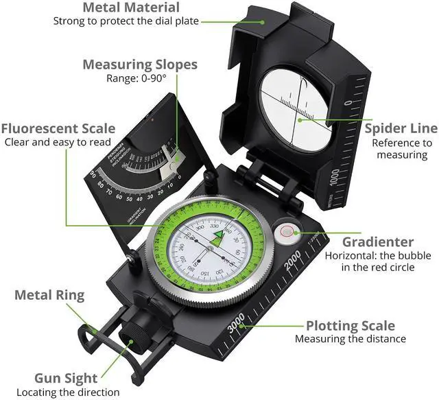 Alt view image 2 of 7 - _Mega Brand IP65 Hiking Compass Waterproof Compass - Metal Compass Camping Compass with Sighting Clinometer with Carry Bag for Camping Hunting Hiking Geology Activities