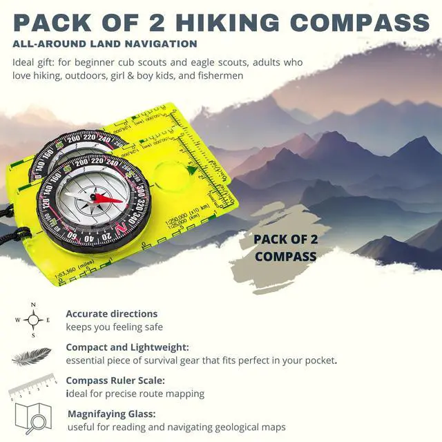 Alt view image 3 of 7 - _Mega Brand Pack of 2 Orienteering Compass Hiking-Compasses boy Scout Kids- Magnetic Gear Set Navigation map- Brujulas orientacion-Backpacking Camping Hunting Survival. (2 Compasses)