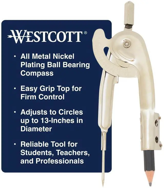 Alt view image 2 of 5 - Nickel-Plated Ball Bearing Compass with Pencil, Professional Style, Back-to-School Supplies, Draws Circles up to 13 Inches in Diameter