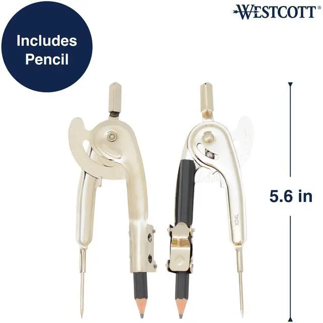 Alt view image 3 of 5 - Nickel-Plated Ball Bearing Compass with Pencil, Professional Style, Back-to-School Supplies, Draws Circles up to 13 Inches in Diameter