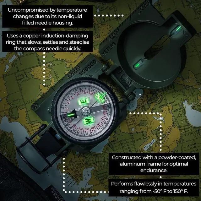 Alt view image 7 of 7 - _Mega Brand  Official US Military Tritium Lensatic Compass, Olive Drab Accurate Waterproof Hand Held Compasses with Pouch for Hiking Camping Navigation Survival Backpacking Orienteering