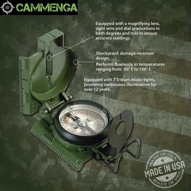 Alt view image 2 of 7 - _Mega Brand  Official US Military Tritium Lensatic Compass, Olive Drab Accurate Waterproof Hand Held Compasses with Pouch for Hiking Camping Navigation Survival Backpacking Orienteering