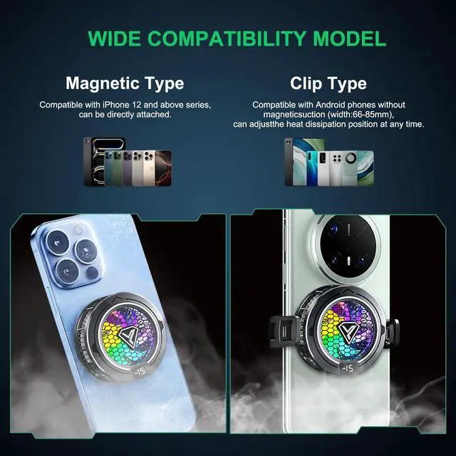 Alt view image 4 of 7 - _Mega Brand Cell Phone Cooler Heatsink for Gaming,Phone Cooling Fan Cooler for iPhone/iPad to Keep Phone Cool,Magnetic Phone Cooling Case Radiator with RGB LED for iPhone MagSafe Series/Samsung