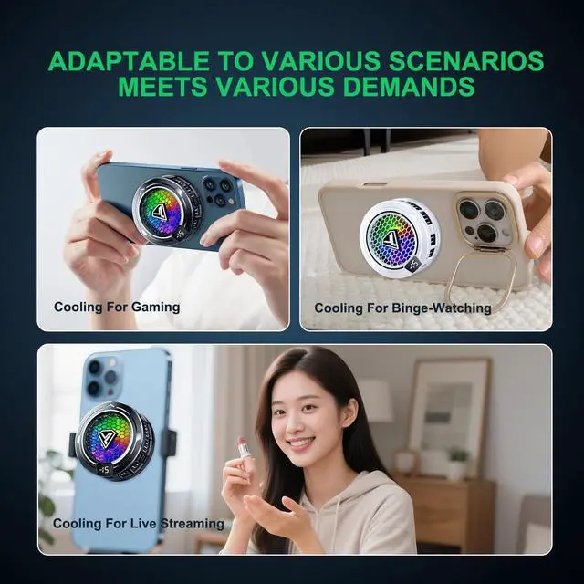 Alt view image 7 of 7 - _Mega Brand Cell Phone Cooler Heatsink for Gaming,Phone Cooling Fan Cooler for iPhone/iPad to Keep Phone Cool,Magnetic Phone Cooling Case Radiator with RGB LED for iPhone MagSafe Series/Samsung