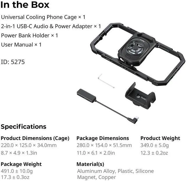 Alt view image 7 of 7 - Universal Hyper Chill Cooling Phone Cage for iPhone/Android, with 15W Active Cooler & 2-in-1 USB-C Adapter & Power Bank Holder, Compatible 2.5-3.1" Phones, Live Streaming Video Shooting-5275