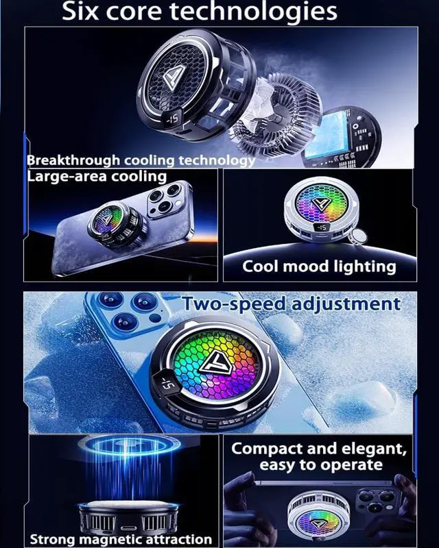 Alt view image 3 of 7 - _Mega Brand Phone Cooling Fan, Magnetic Radiator with RGB Lights,for Mobile Games and Live Streaming, Universal Compatibility for Android/iPhone/iPad, Large-Area Conduction Cooling (Cooler 2 Black)
