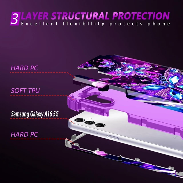 Alt view image 4 of 7 - for Galaxy A16 5G Case,Glow in The Dark Three Layer Heavy Duty Shockproof Full Protection Hard Plastic Bumper+Soft Silicone Protective Case for Samsung Galaxy A16 5G 6.7 inch,Purple