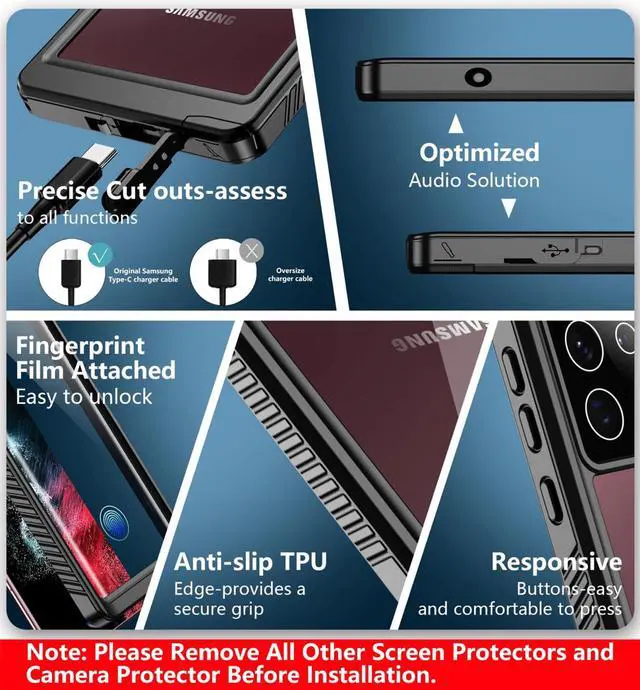 Alt view image 5 of 7 - SPIDERCASE Designed for Samsung Galaxy S22 Ultra Case Waterproof, Built-in Screen Protector Full Protection Heavy Duty Shockproof Anti-Scratched Rugged Case, Black