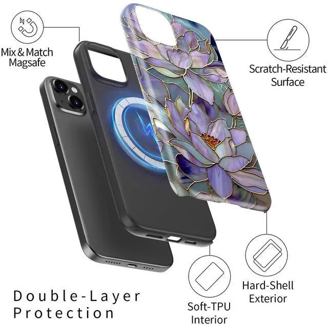 Alt view image 2 of 7 - _Mega Brand for iPhone 15 Case - Wireless Charging Compatible - Dual-Layer Hard Shell + Silicone Cover - Shockproof Protective Phone Case with Stylish Designs for Women - Abstract Lotus