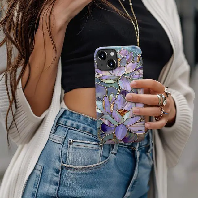 Alt view image 4 of 7 - _Mega Brand for iPhone 15 Case - Wireless Charging Compatible - Dual-Layer Hard Shell + Silicone Cover - Shockproof Protective Phone Case with Stylish Designs for Women - Abstract Lotus