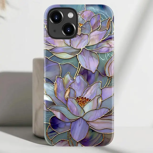 Alt view image 7 of 7 - _Mega Brand for iPhone 15 Case - Wireless Charging Compatible - Dual-Layer Hard Shell + Silicone Cover - Shockproof Protective Phone Case with Stylish Designs for Women - Abstract Lotus
