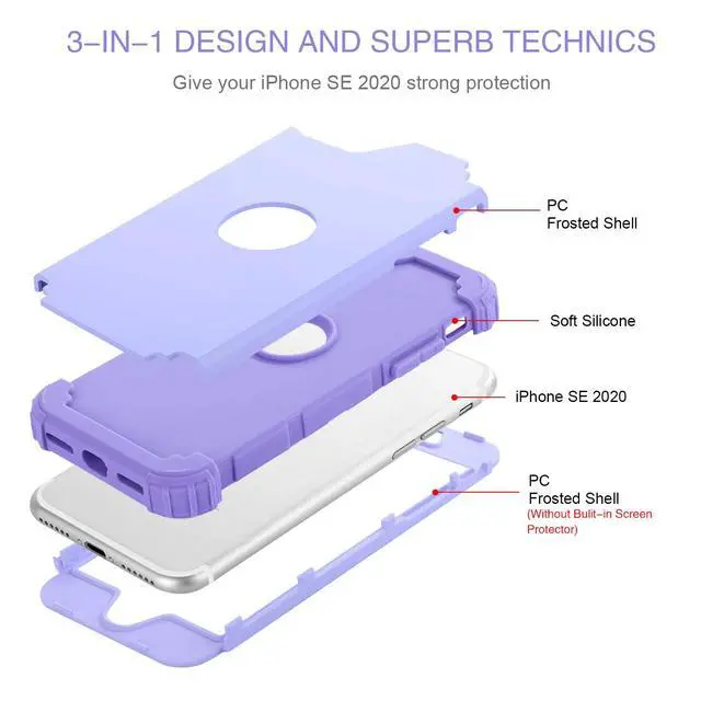 Alt view image 2 of 7 - _Mega Brand for iPhone SE 2022 Case and iPhone SE 2020 Case, Heavy Duty 3 in 1 Full Body Rugged Shockproof Hybrid Hard PC Soft Rubber Case for iPhone SE 3rd/2nd Gen, Light Purple/Lavender