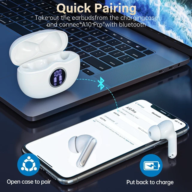 Alt view image 2 of 7 - Fhumsh Wireless Earbuds, Bluetooth 6.0 Headphones HiFi Stereo 50H Playback LED Digital Display Ear Buds with ENC Noise Canceling Headset, IPX7 Waterproof Earphones for Gym/Running/WorkWhite