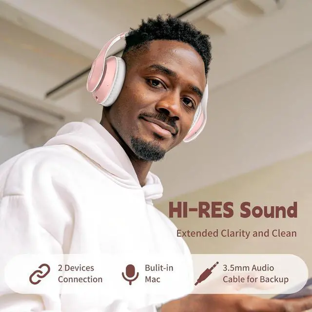 Alt view image 2 of 7 - _Mega Brand Wireless Bluetooth Headphones Over Ear 65H Playtime HiFi Stereo Headset with Microphone and 6EQ Modes Foldable Bluetooth V5.3 Headphones for Travel Smartphone Computer Laptop Rose Gold