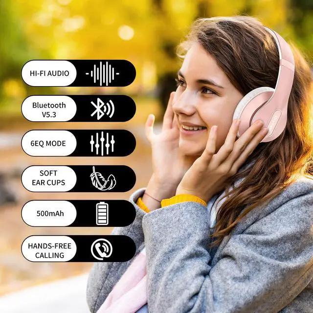 Alt view image 6 of 7 - _Mega Brand Wireless Bluetooth Headphones Over Ear 65H Playtime HiFi Stereo Headset with Microphone and 6EQ Modes Foldable Bluetooth V5.3 Headphones for Travel Smartphone Computer Laptop Rose Gold