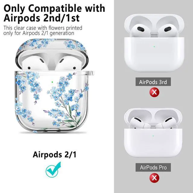 Alt view image 2 of 6 - Protective Clear Floral Case Cover with Cleaner Kit Portable Shockproof Women Girls with Keychain for Apple Airpods 2/1 Charging Case - Clear/Blue Flower