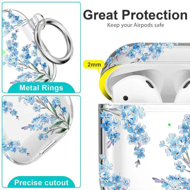 Alt view image 3 of 6 - Protective Clear Floral Case Cover with Cleaner Kit Portable Shockproof Women Girls with Keychain for Apple Airpods 2/1 Charging Case - Clear/Blue Flower