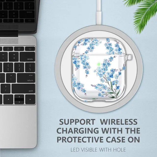 Alt view image 4 of 6 - Protective Clear Floral Case Cover with Cleaner Kit Portable Shockproof Women Girls with Keychain for Apple Airpods 2/1 Charging Case - Clear/Blue Flower