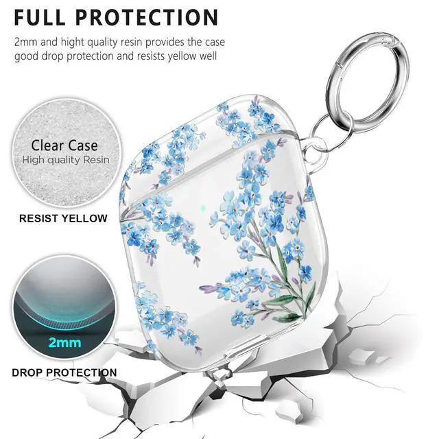 Alt view image 5 of 6 - Protective Clear Floral Case Cover with Cleaner Kit Portable Shockproof Women Girls with Keychain for Apple Airpods 2/1 Charging Case - Clear/Blue Flower