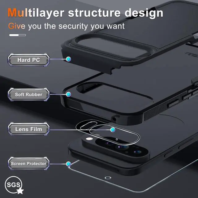 Alt view image 2 of 7 - _Mega Brand Case for Google Pixel 9/9 Pro, Full Body Heavy Duty Rugged Shockproof Protective Phone Cover with Lanyard Strap, Tempered Glass Screen Protector and Camera Lens Cover, Black Matte