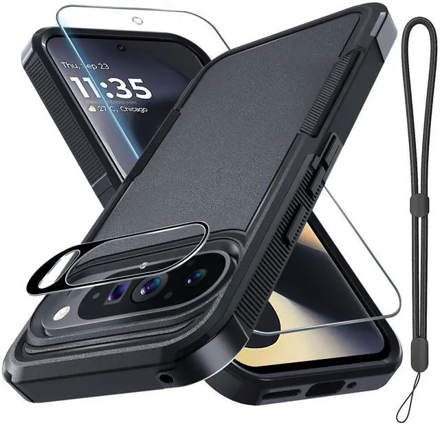 Main image of _Mega Brand Case for Google Pixel 9/9 Pro, Full Body Heavy Duty Rugged Shockproof Protective Phone Cover with Lanyard Strap, Tempered Glass Screen Protector and Camera Lens Cover, Black Matte