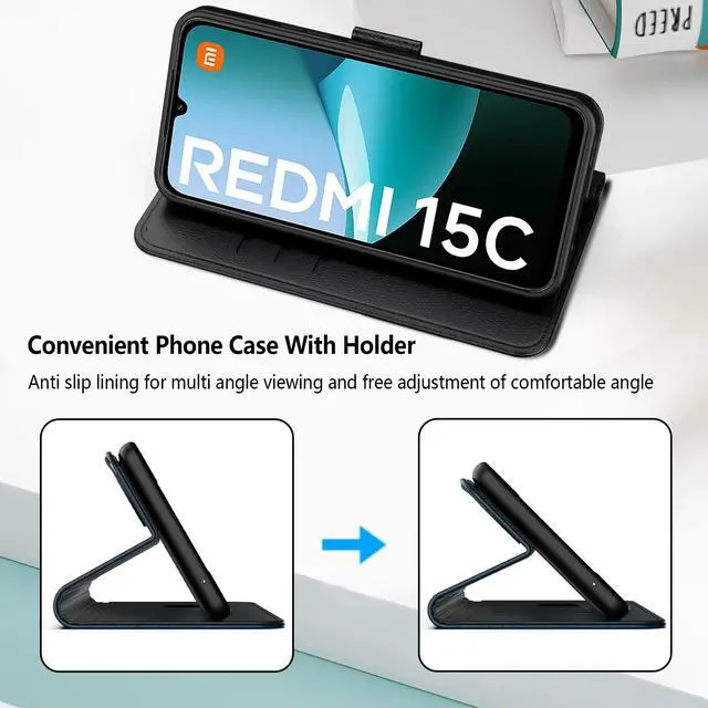 Alt view image 6 of 7 - _Mega Brand for Xiaomi Redmi 15C 4G Case, PU Leather Flip Cover Wallet Protector with id Holder Card Slots Magnetic Closure Protective Phone Cover for Xiaomi Redmi 15C 4G Wallet Case, Black