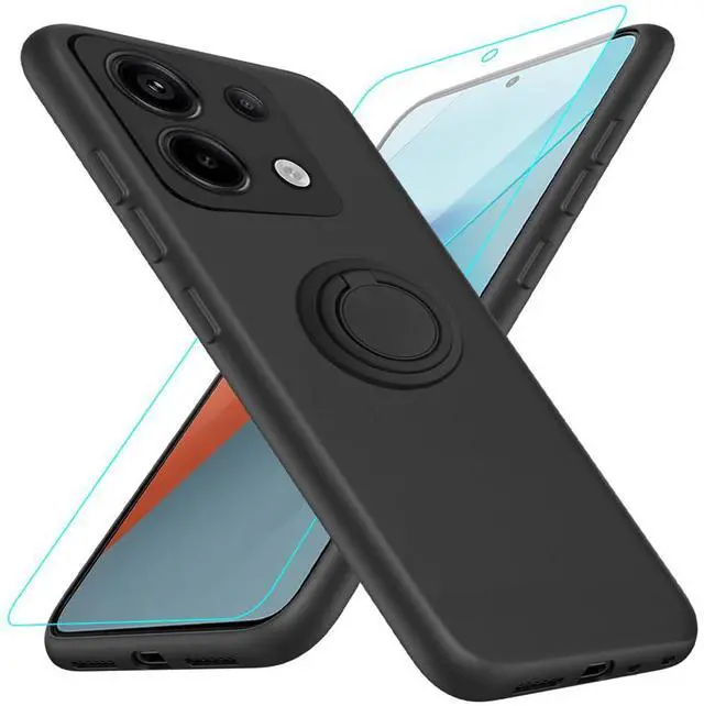 Main image of _Mega Brand Cellular Phone Case for Xiaomi Redmi Note 13 Pro, 360° Rotatable Ring Holder Kickstand/Stand Silicone TPU Shockproof Protective Cover Case with Glass Screen Protector - Black